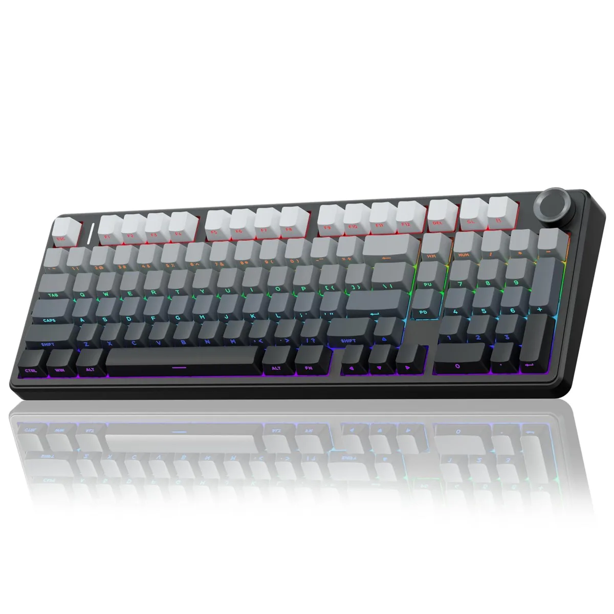 Black 96% wireless mechanical keyboard with side-printed keycaps and a silver control knob