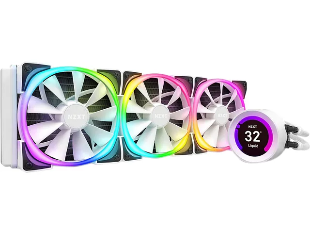 White 360 mm AIO radiator with three 120 mm fans, square pump block featuring a 2.36 inch LCD screen, white nylon-sleeved rubber tubes