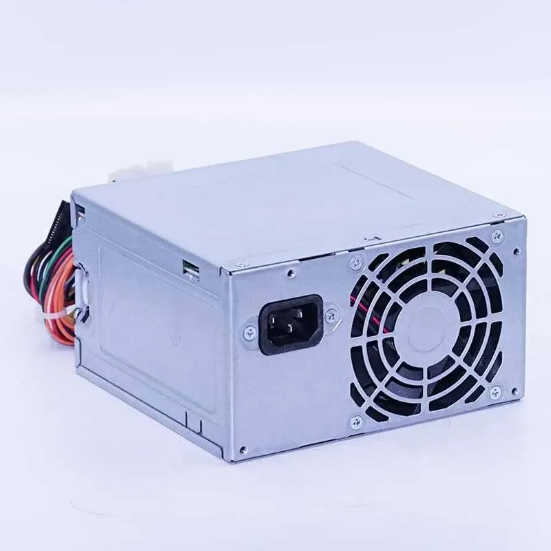 Silver rectangular ATX power supply unit with rear fan grille and side label