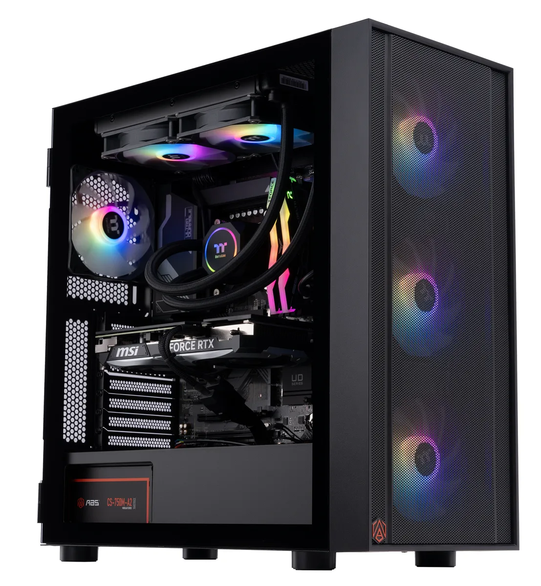 Black mid-tower ABS Eurus 570 case with RGB liquid cooler and dual-fan RTX 4070 Super graphics card