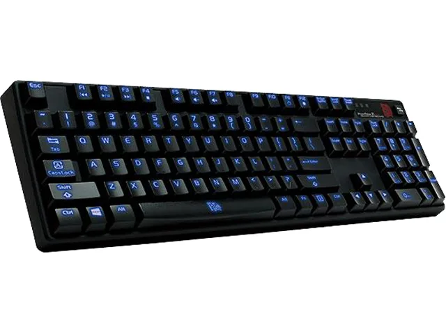 Black full-size mechanical gaming keyboard with blue backlighting