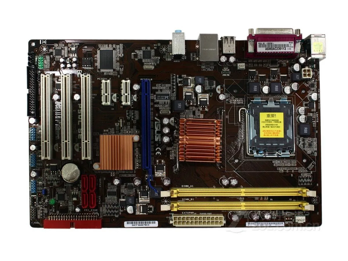 ASUS P5QL SE ATX motherboard, green PCB with silver heatsinks and LGA 775 socket