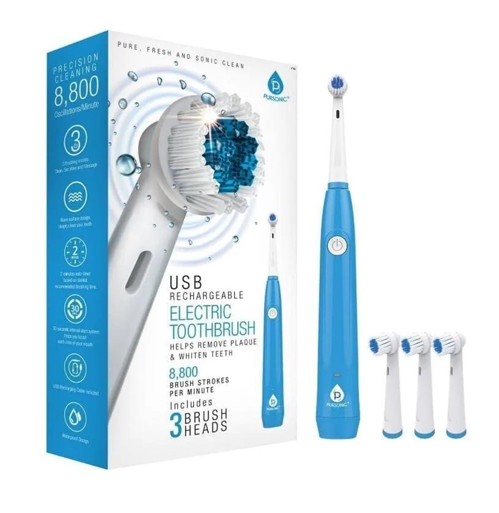  Pursonic RET20USB Rotary Electric Toothbrush White 3 Heads 3 Modes — product photo