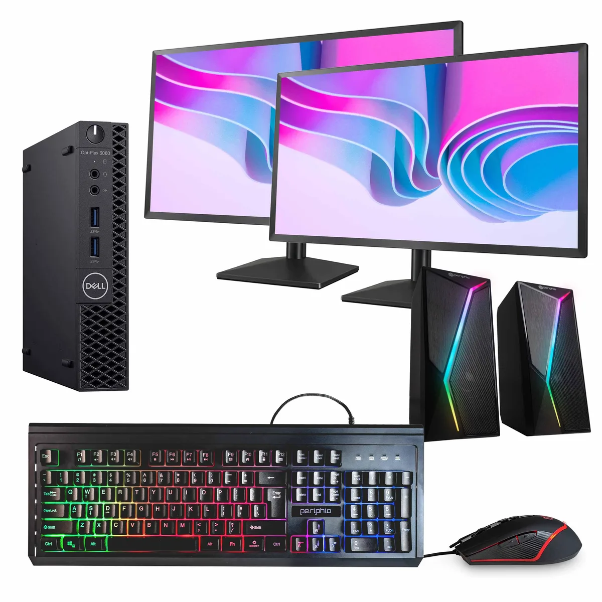 Black Dell OptiPlex 3060 Mini PC with dual 24 inch monitors
