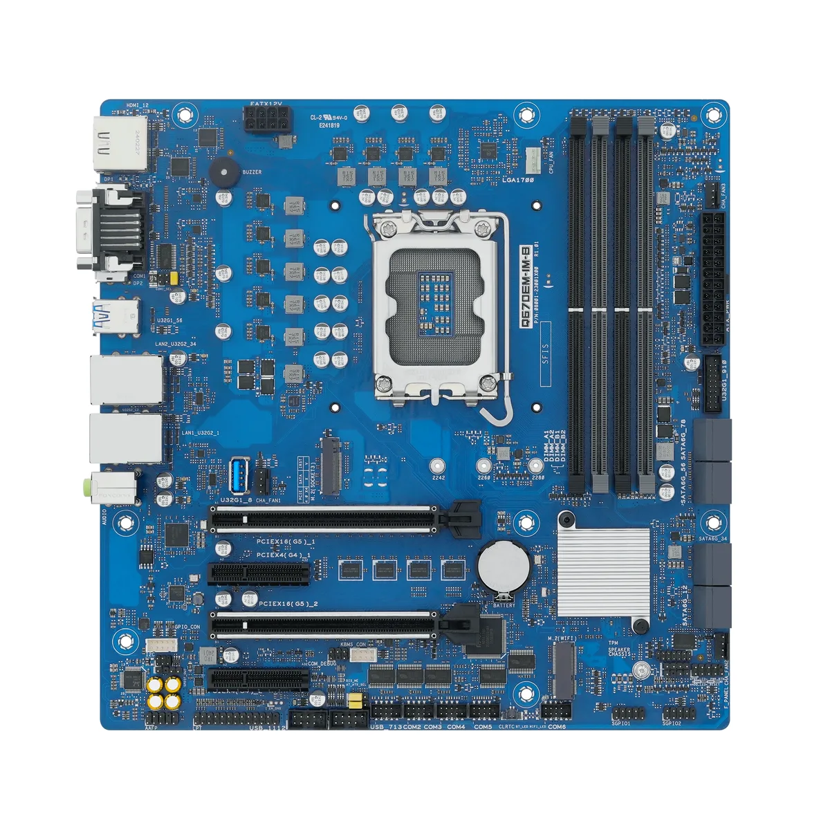 Green micro-ATX server motherboard with silver LGA 1700 socket, four black DDR5 slots, two full-length PCIe x16 slots