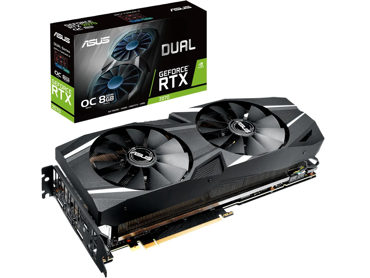 ASUS Dual GeForce RTX 2070 triple-slot graphics card with dual-fan cooler, metal backplate and silver shroud