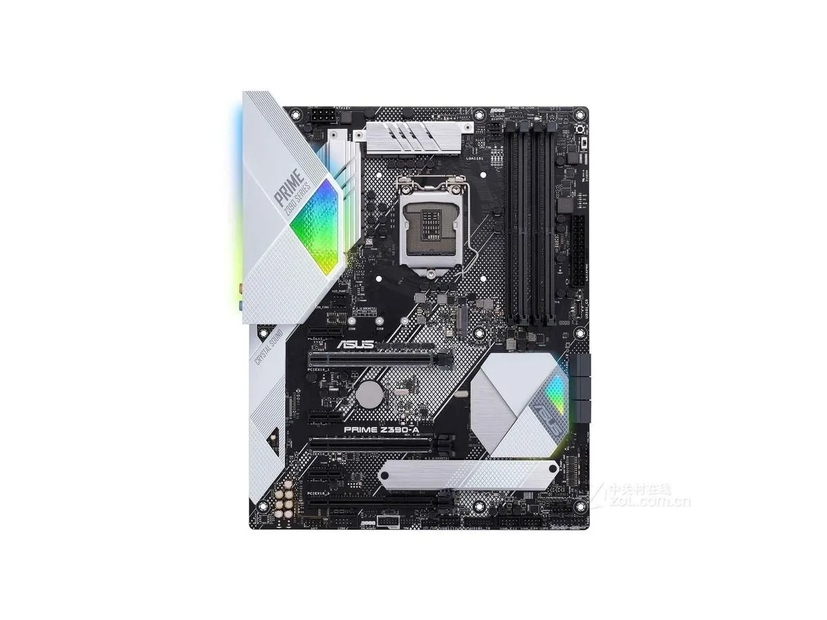 ATX motherboard in black with silver heatsinks, LGA 1151 socket, DDR4 slots, SATA ports, rear I/O shield visible