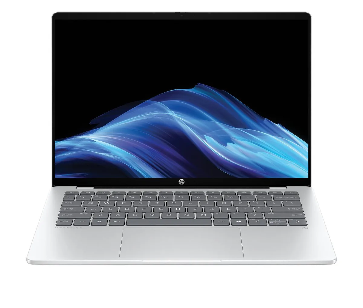 Silver 14 inch touch OLED laptop with edge-to-edge glass