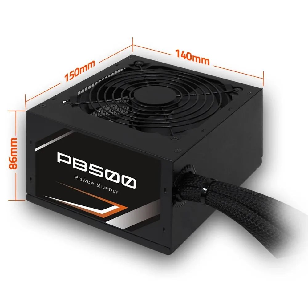 Standard ATX power supply unit in black metal casing with cooling fan and cable bundle
