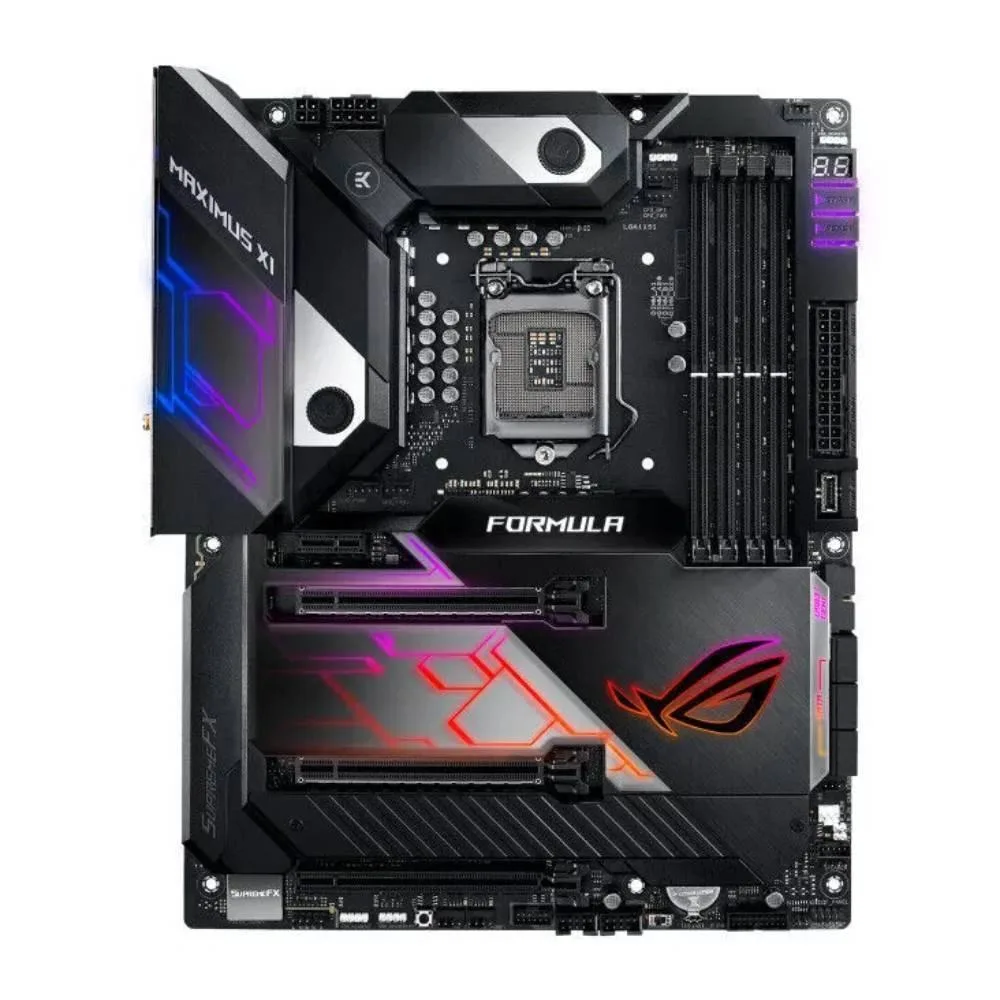 ATX motherboard with black metal armour and integrated water block