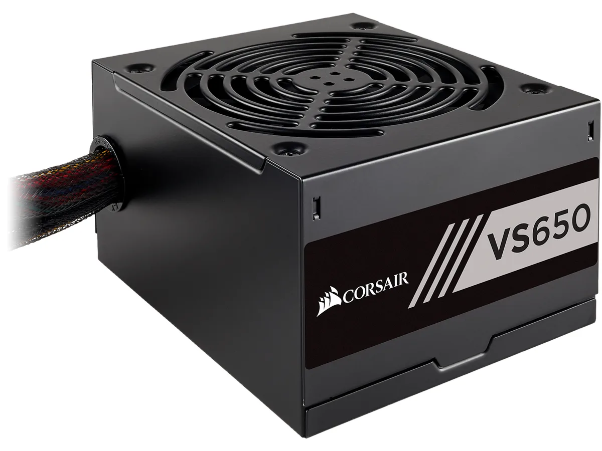 Black rectangular ATX power supply with 120mm fan and sleeved cables