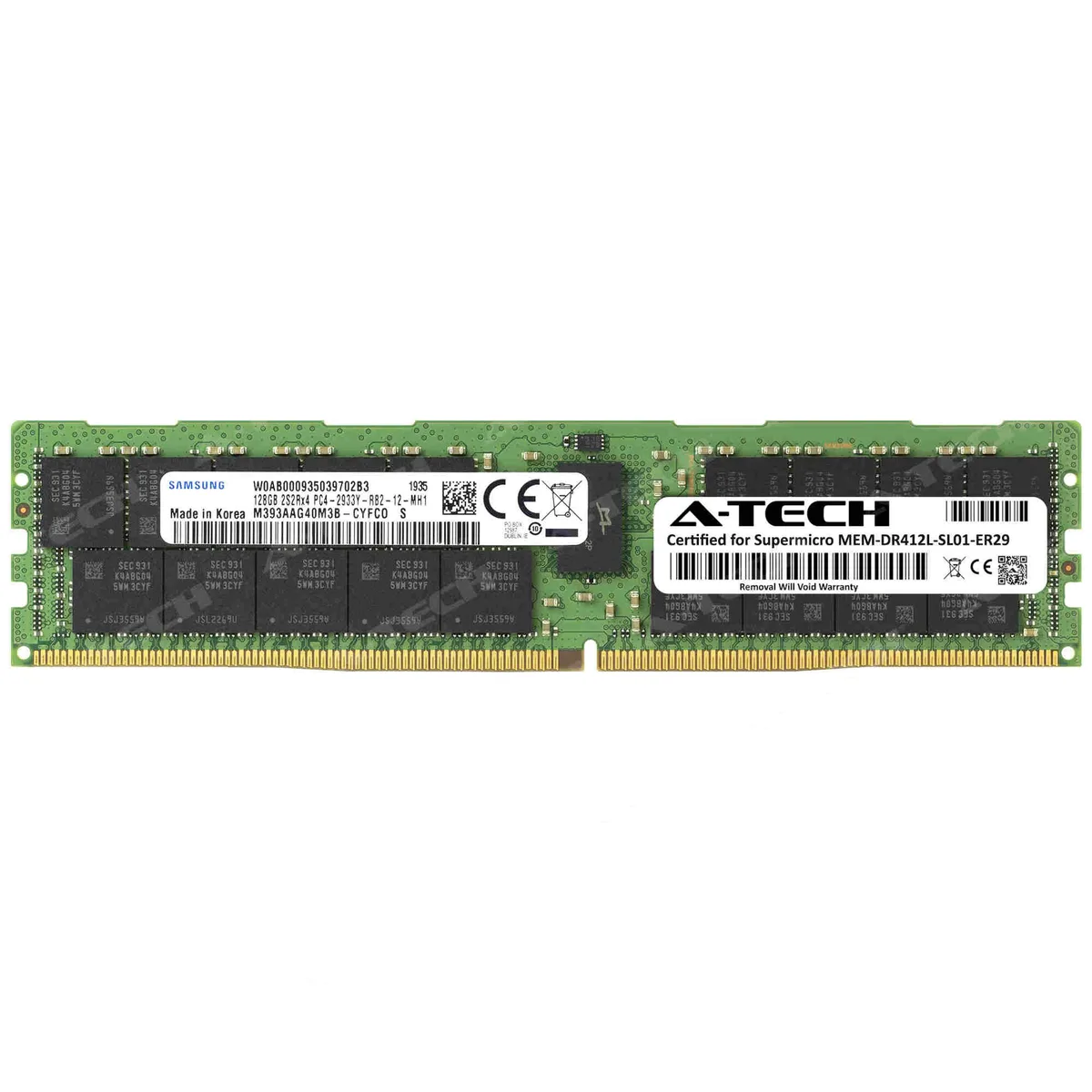 Single green 288-pin DDR4 RDIMM with black Samsung chips and gold contacts
