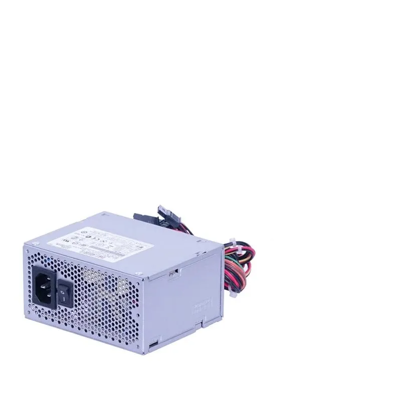 Compact SFX power supply unit in matte black metal casing with visible cooling fan and rear power socket