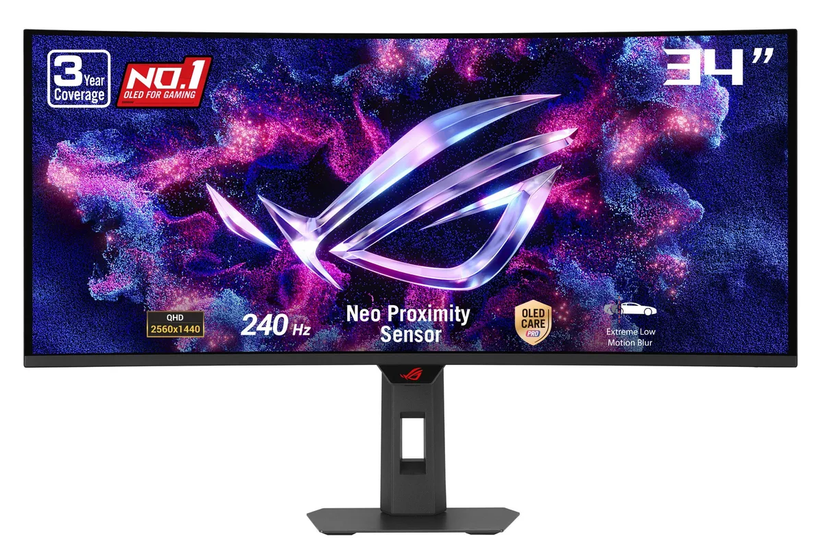 A curved 34-inch ultrawide OLED monitor in black with a height-adjustable stand