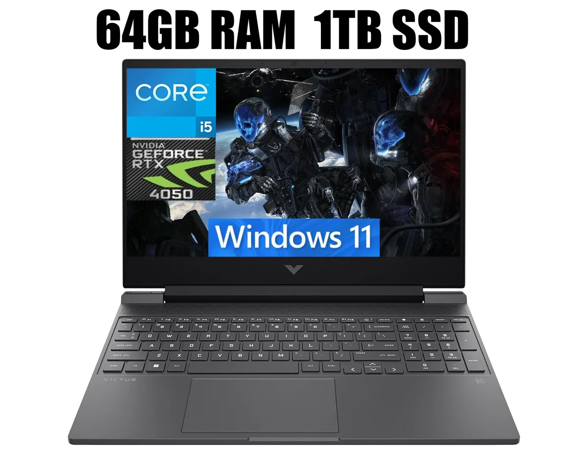 Black 15.6 inch gaming laptop with thin bezel display and backlit keyboard