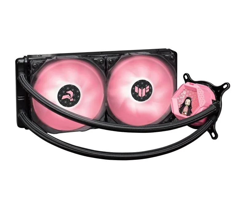 Pink AIO liquid cooler with 240 mm radiator, two 120 mm ARGB fans and pink tubing