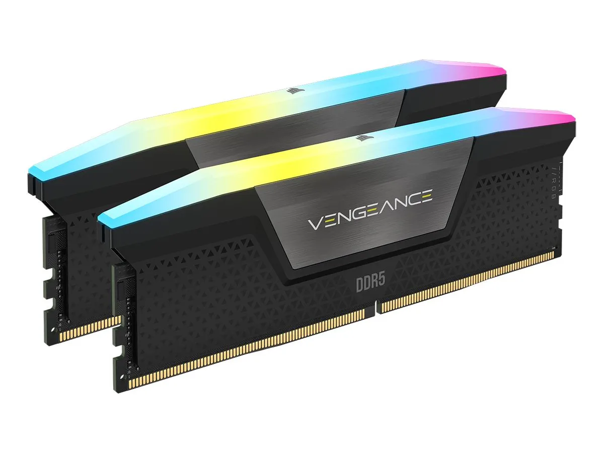 Two black rectangular DDR5 modules with full-length RGB light bars