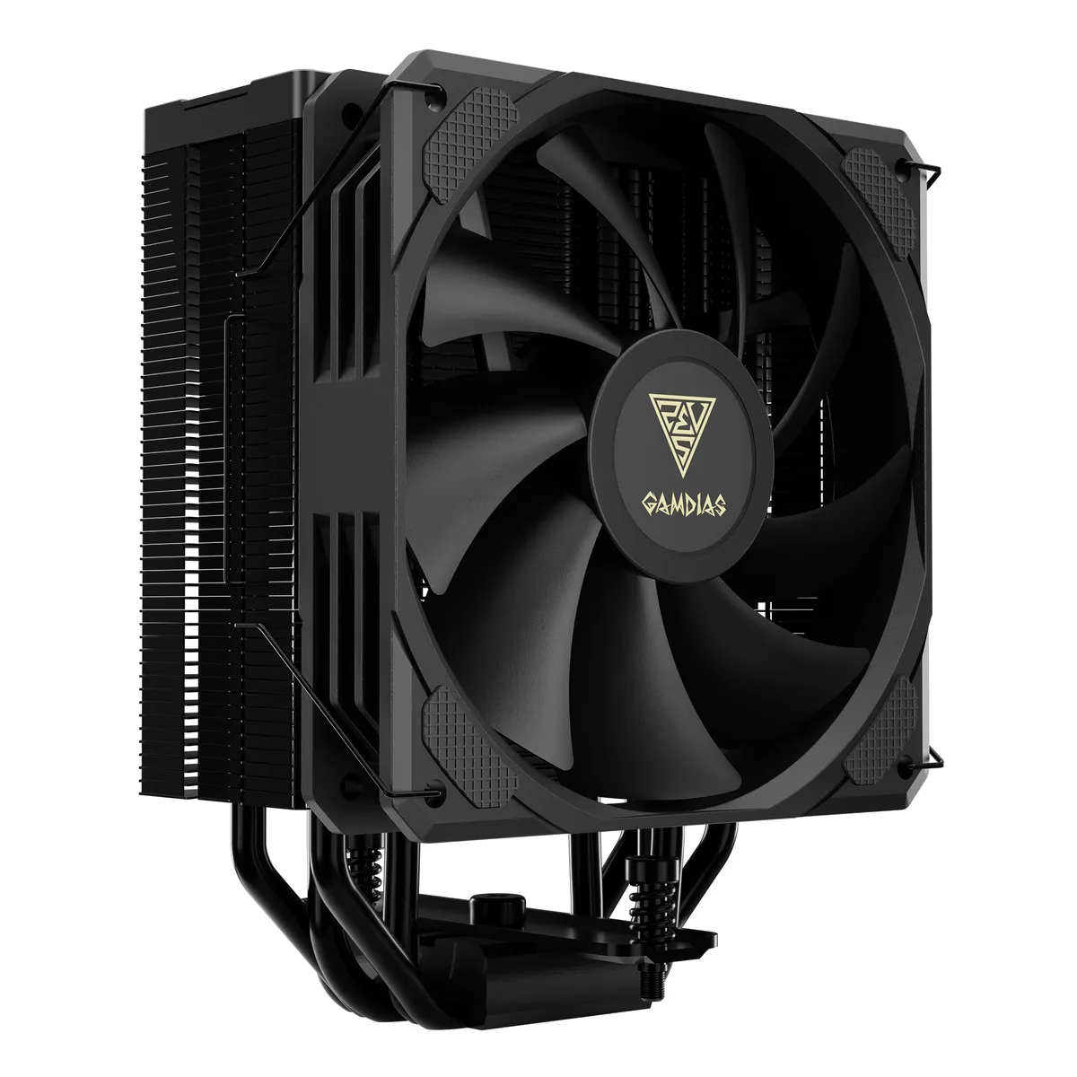 Black tower CPU cooler with five copper heat pipes, matte black finish, diamond gradient top cover and 120 mm PWM fan