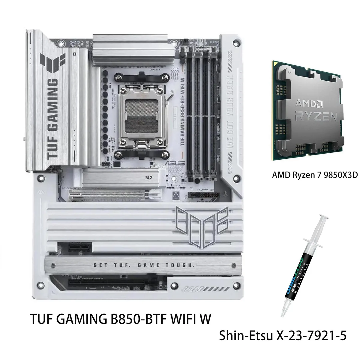 ASUS TUF Gaming B850 motherboard with AM5 socket and Ryzen 7 9850X3D CPU in ATX form factor