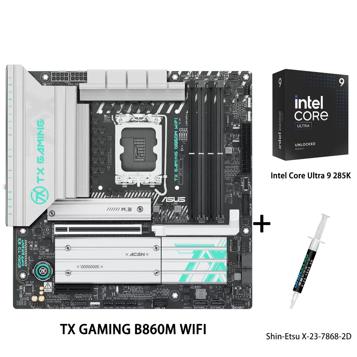 ASUS TX GAMING B860M WIFI mATX motherboard with Intel Ultra 9 285K CPU and Shin-Etsu thermal paste tube