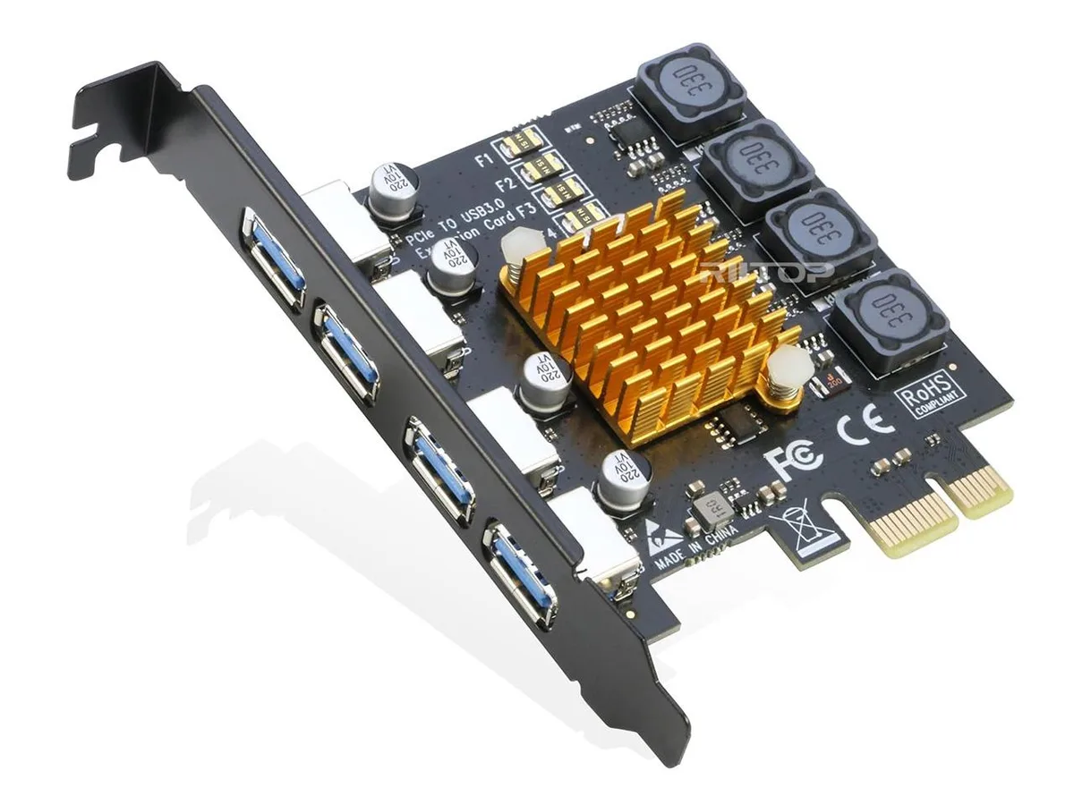 RIITOP RIITOP 4-Port USB 3.0 PCIe x1 Expansion Card with Heatsink — 商品写真