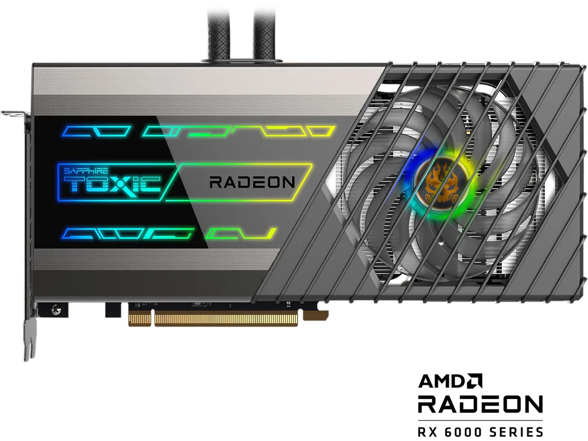 Sapphire Toxic Radeon RX 6900 XT graphics card with integrated AIO liquid cooling radiator and black metal shroud