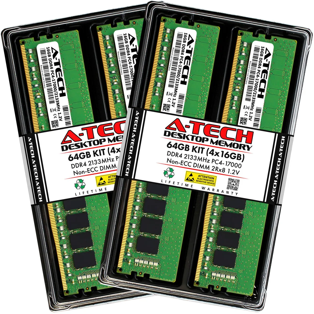 Four green DDR4 sticks with black chips no heat spreaders 288 pin