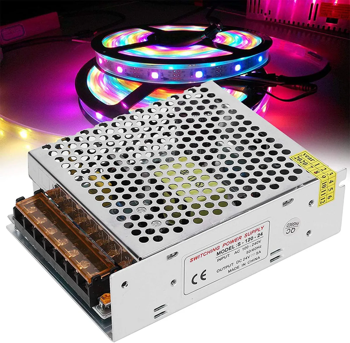 Silver aluminium box with screw terminals and voltage adjuster, 85 by 58 by 33 millimetres