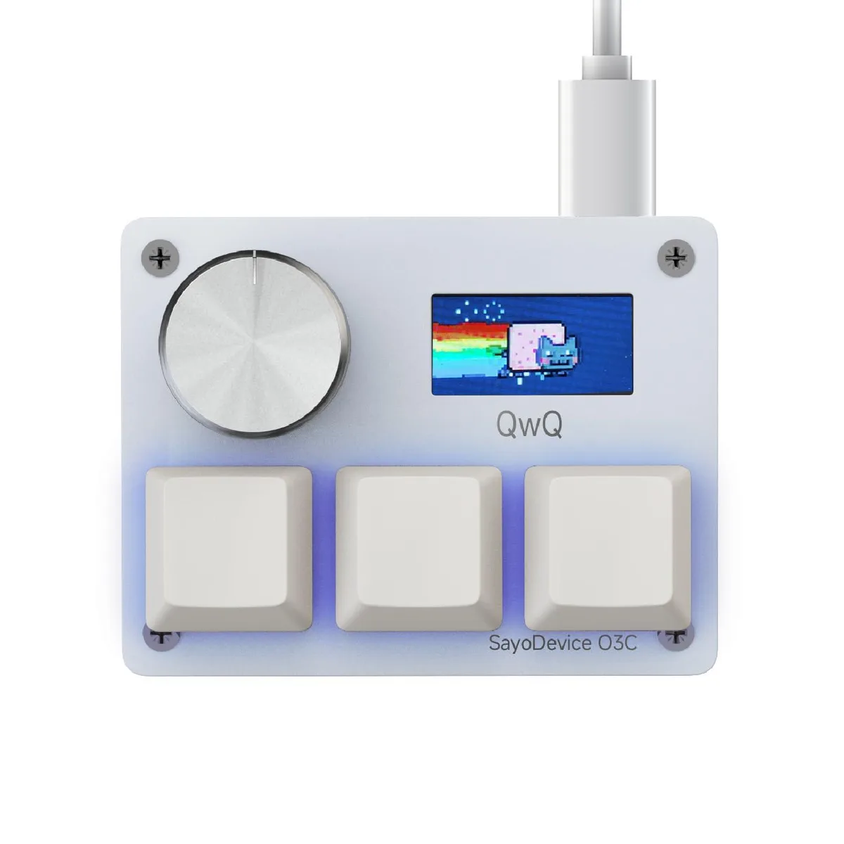 White three-key macro keypad with knob and small colour screen