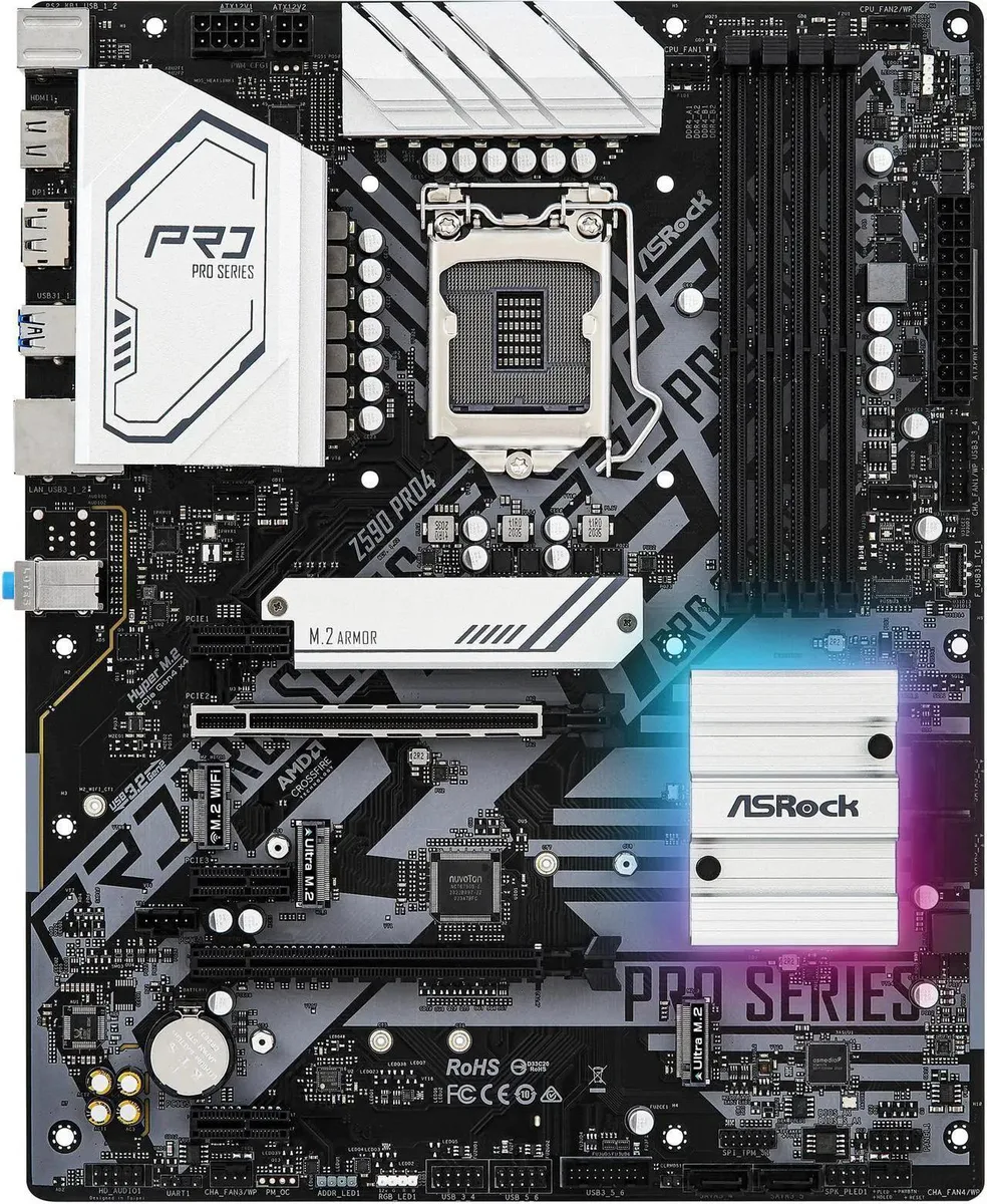 Rectangular ATX motherboard with black PCB, silver heatsinks, four DDR4 slots, multiple PCIe slots, M.2 sockets and rear I/O panel