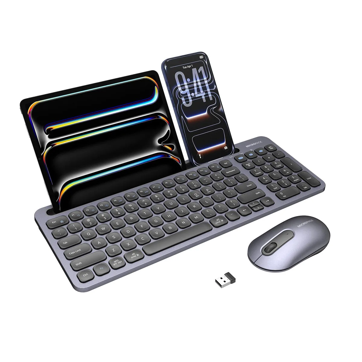 iC KM-238W Bluetooth5.0/3.0 + 2.4GHz Keyboard Mouse Combo with Tablet Holder Grey — product photo