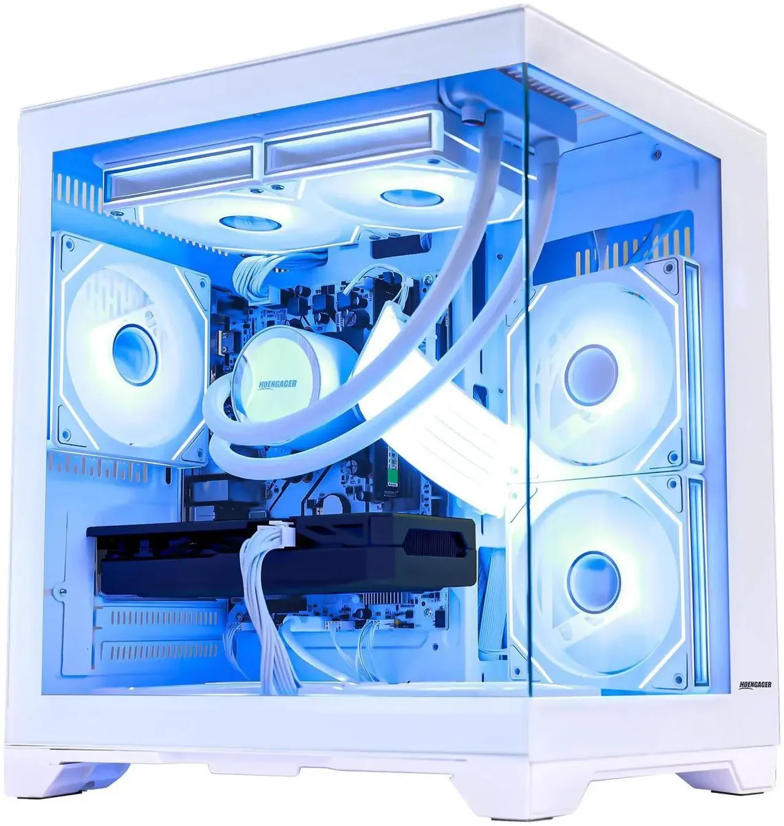 White mid-tower gaming desktop with tempered glass side panel and ARGB lighting