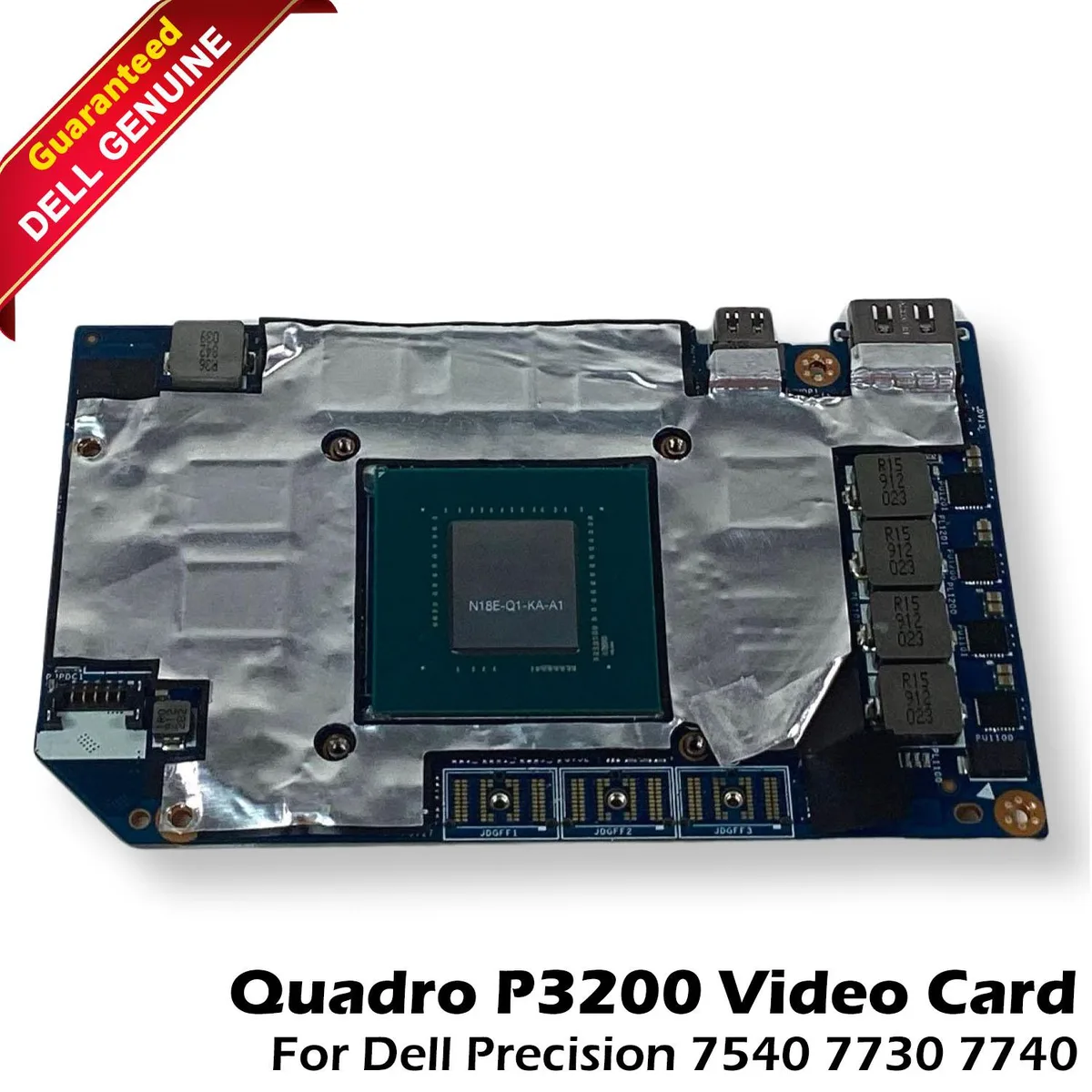 Green MXM circuit board with silver heatsink and gold edge connector