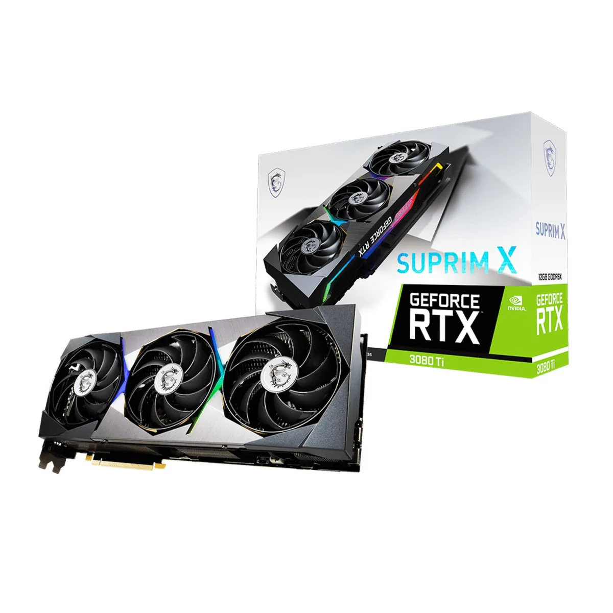 MSI GeForce RTX 3080 Ti SUPRIM X triple-fan graphics card with brushed metal finish