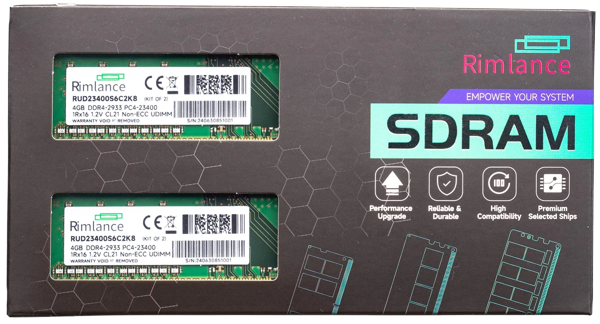Two green DDR4 sticks with black chips and gold pins