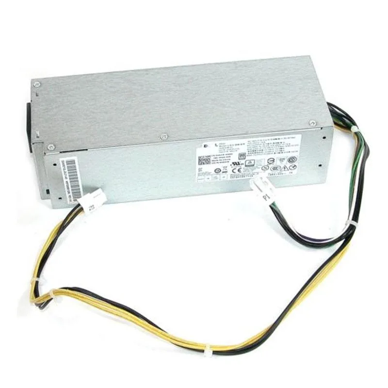 Rectangular metal power supply unit with ventilation grille and connector sockets