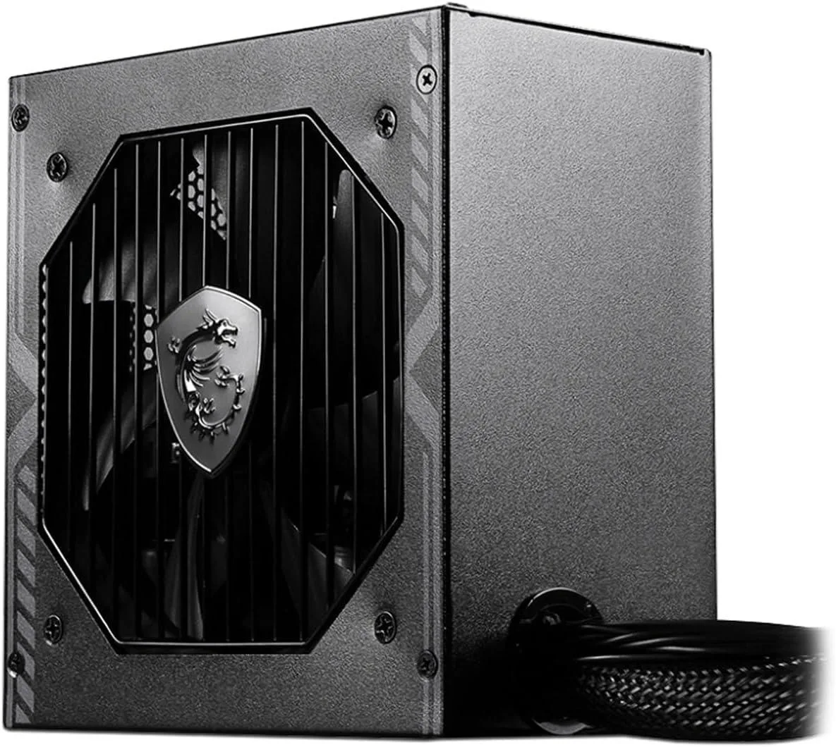 Rectangular black metal power supply unit with single cooling fan and rear power switch