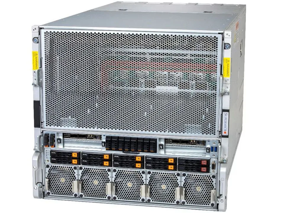 A tall silver rack server with a perforated front panel and many drive bays