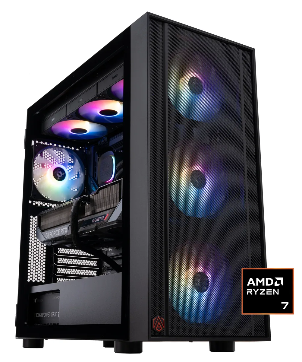 Black ABS H570 mid-tower with RGB-lit liquid cooler and graphics card visible through side panel