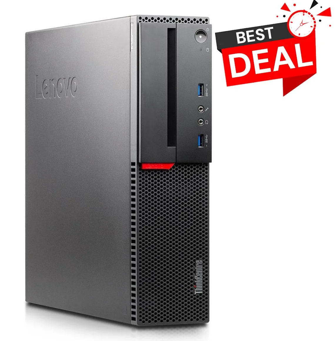 Black Lenovo ThinkCentre M910 small form factor desktop tower with wired keyboard and mouse