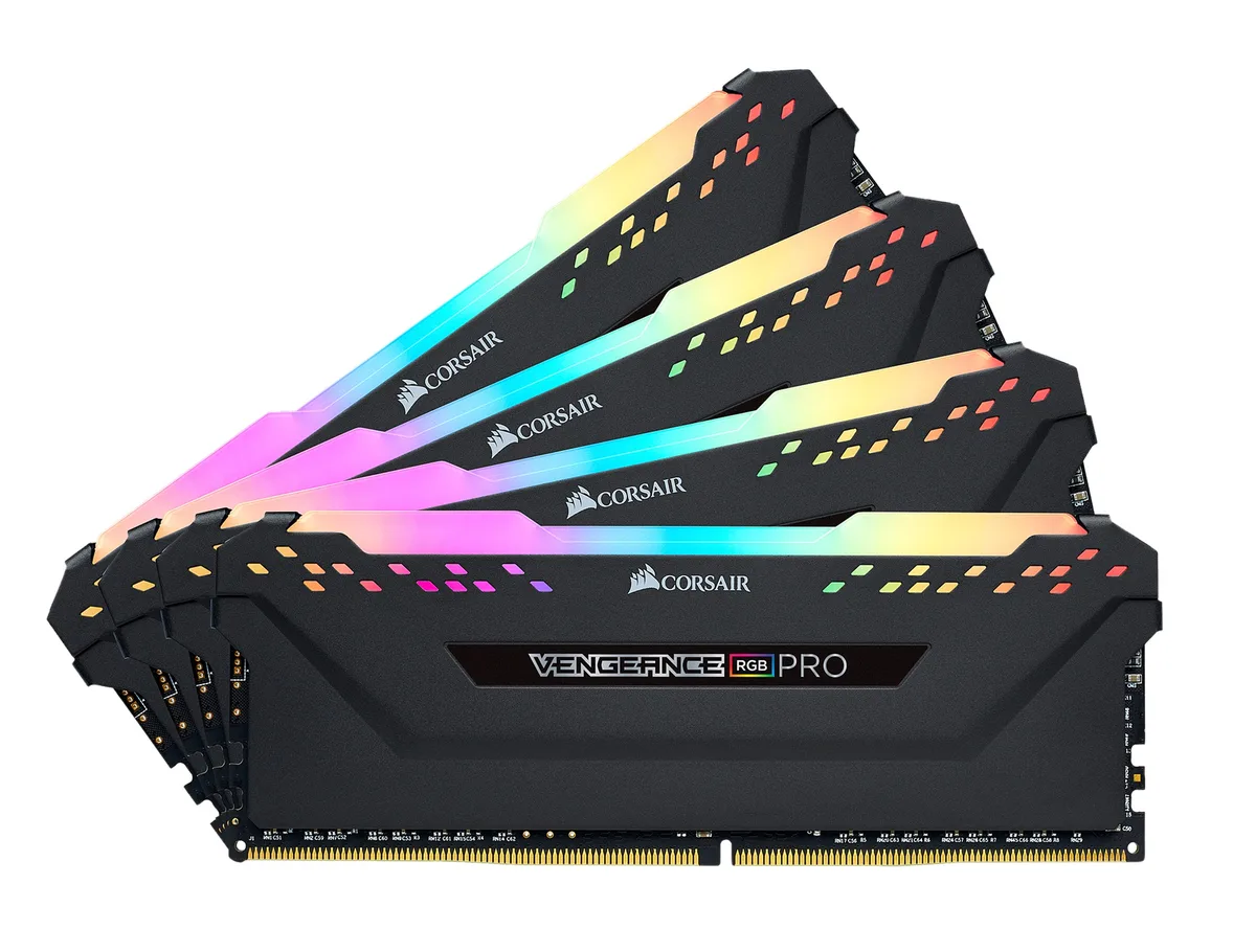 Four black DDR4 modules with anodized aluminium heat spreaders and multi-zone RGB lighting