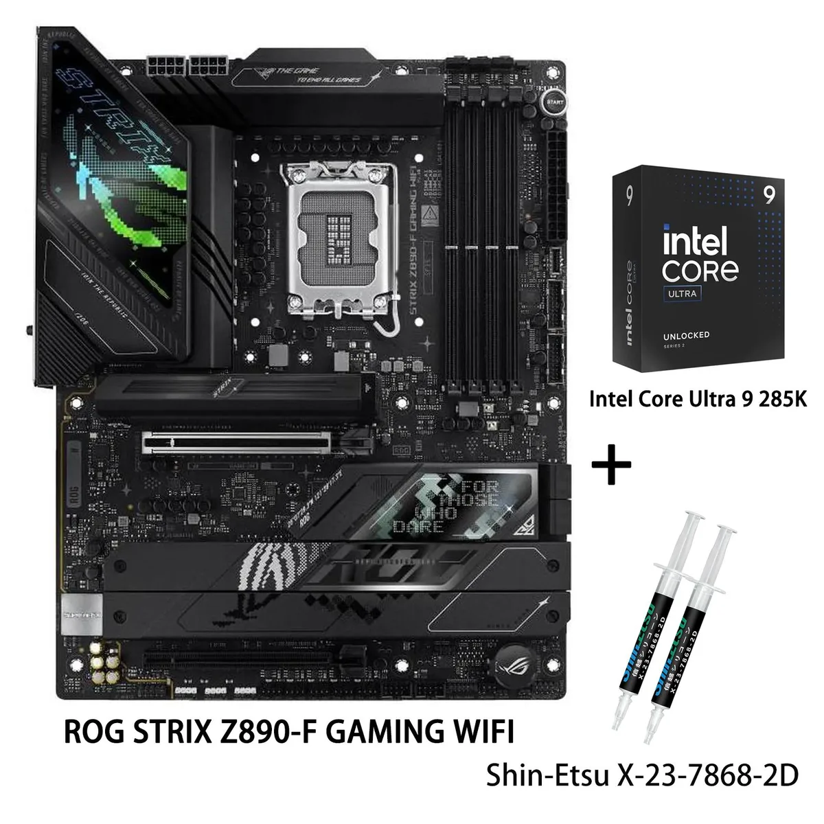 ASUS ROG STRIX Z890-F ATX motherboard with Intel Core Ultra 9 285K CPU, black and silver finish, large VRM heatsinks, M.2 heatsinks