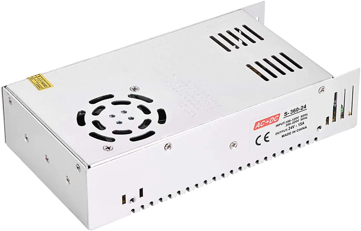 Rectangular metal-cased power supply 213 by 112 by 50 mm with built-in fan and voltage selector switch