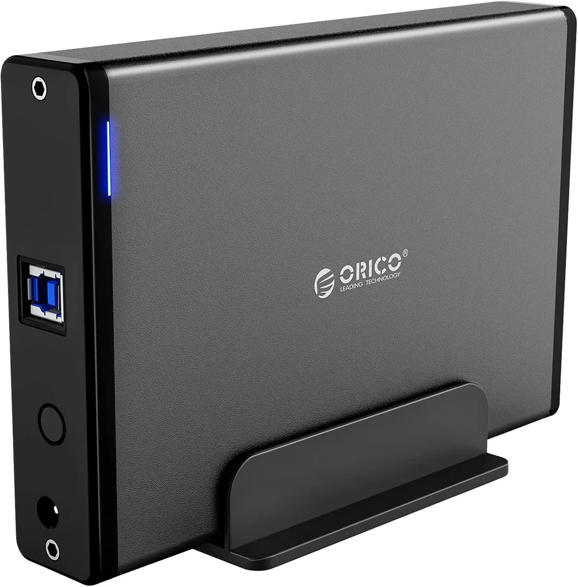 Black vertical aluminium enclosure with blue LED display, holds one 3.5 inch SATA drive