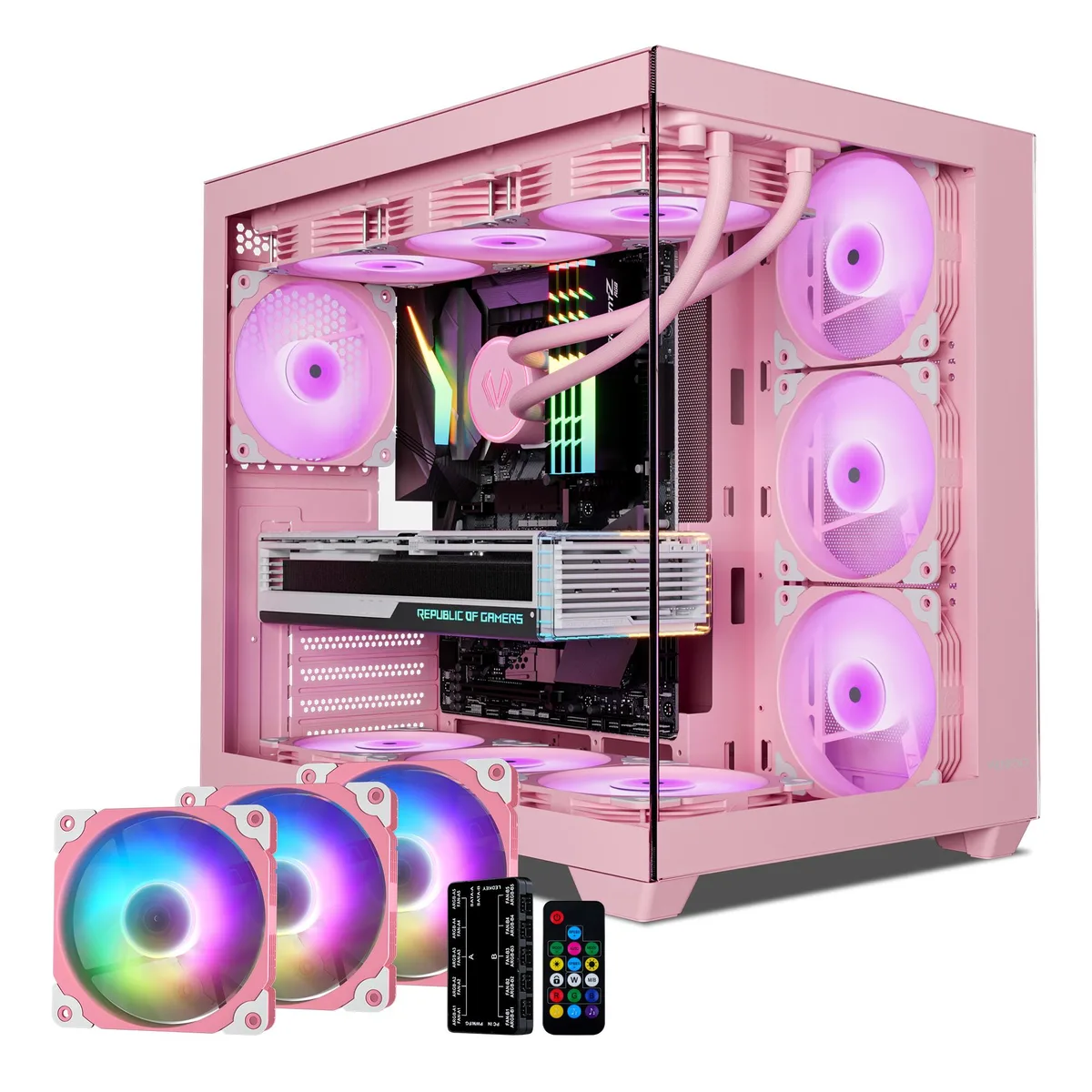 Pink ATX mid-tower case with 270° tempered glass and four ARGB fans