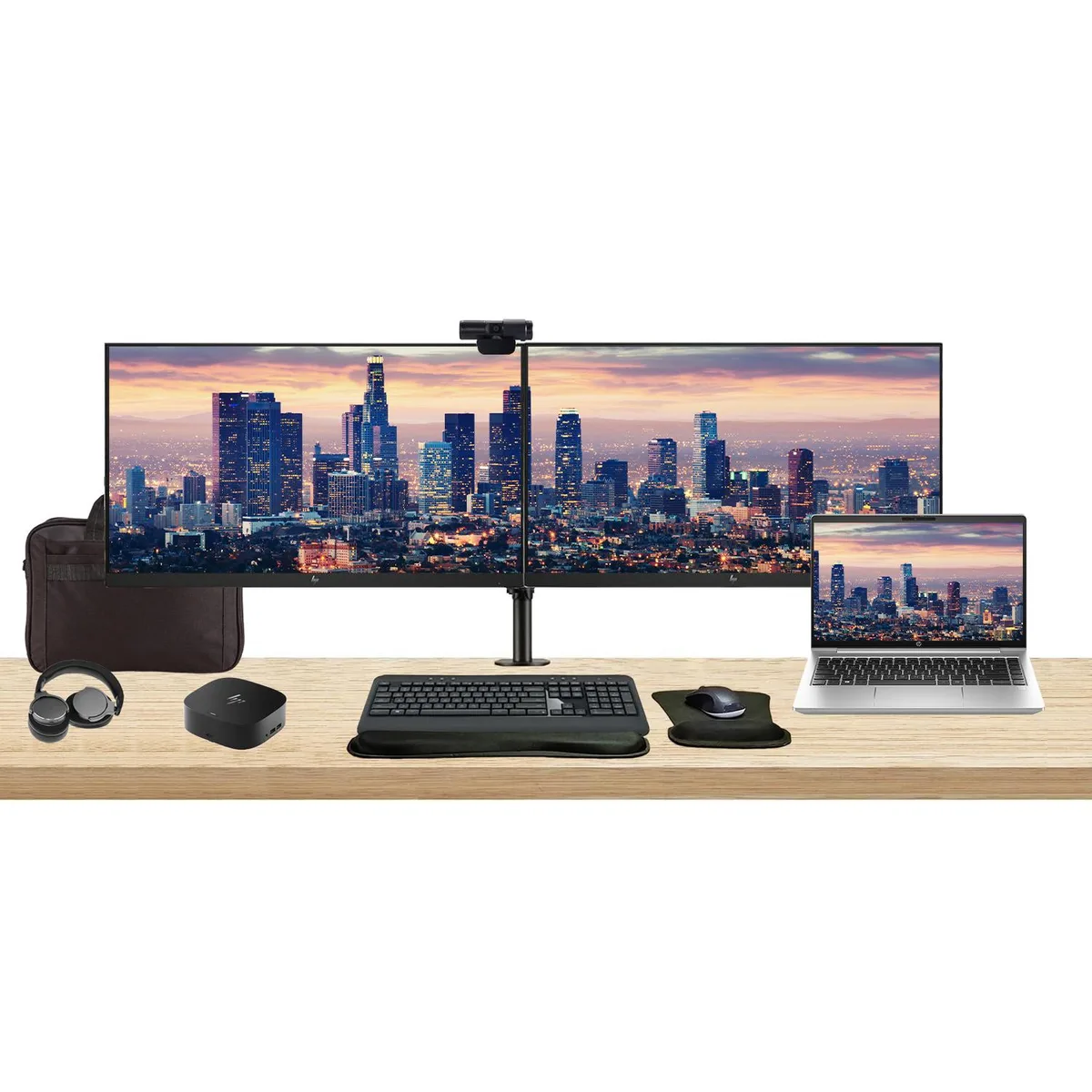 HP ProBook 440 G10 laptop, two 27-inch EliteDisplay monitors on dual stand, USB-C dock, wireless keyboard and mouse, webcam