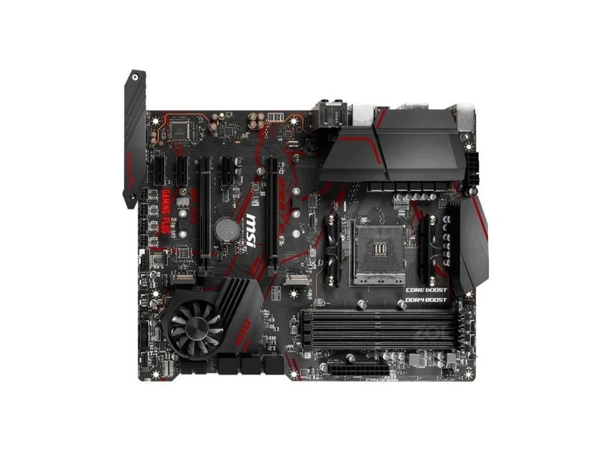 ATX motherboard, black PCB with silver heatsinks and reinforced PCIe slot