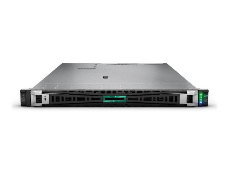 Silver 1U rack server with front drive bays and blue pull tabs