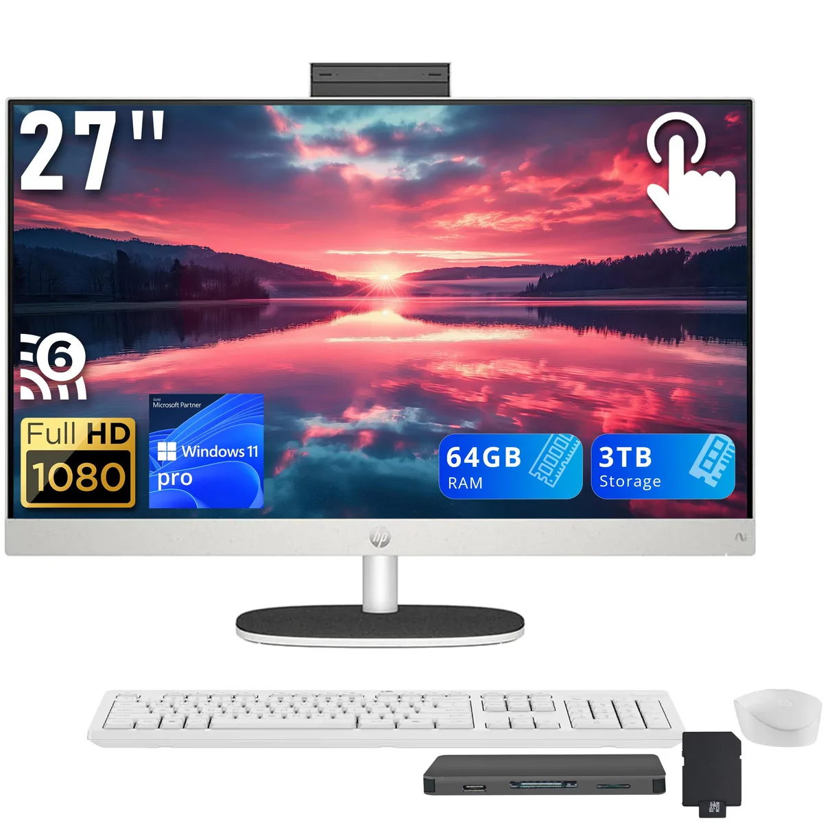 HP HP 27" FHD Touch All-in-One PC, Ryzen AI 7 350, 64GB DDR5, 2TB SSD + 1TB Dock, Radeon 680M, White — ภาพสินค้า