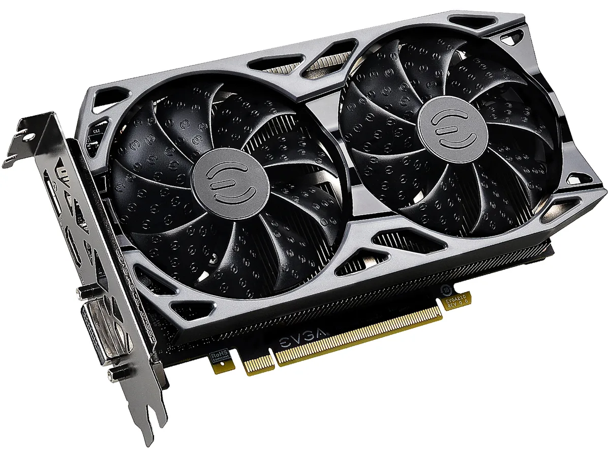 Silver dual-fan graphics card with metal backplate, two-slot design